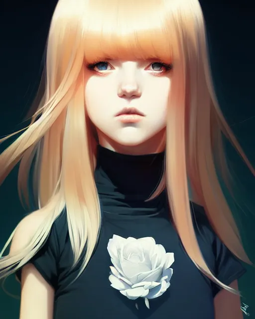 Prompt: really cool up close portrait of a beautiful blonde english emo girl in tshirt, by saruei and guweiz and ilya kuvshinov and rockwell and warhol and range murata!!, magic art, sleek curves, intricate sharp focus, trending on artstation hq, deviantart, pinterest, unreal engine 5, 4 k uhd image