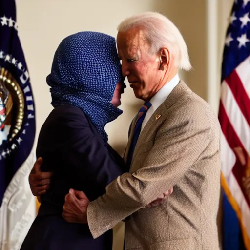 Image similar to 4 k portrait sony a 7 f 2. 8 of nancy pelosi as a taliban fighter hugging president joe biden as a taliban leader