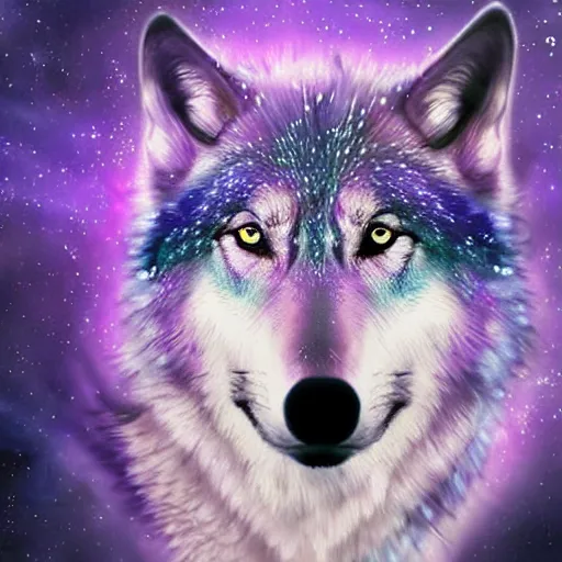 Image similar to of a fantasy sky of purple and blue a wolves face is the whole of sky with 5 0 % opacity and there are stars and galaxy ’ s and his eyes are piercing digital art epic cinematic lighting detailed