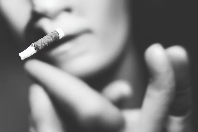 Image similar to Close-up of thin soft hand holding cigarette with smoke, hyper realistic, high details, photo, super resolution