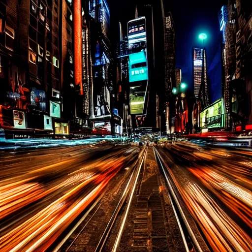 Image similar to futuristic train drives over busy street full of cars in nyc at night, still photo, cinematic lighting