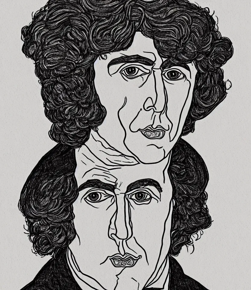 Prompt: detailed line art portrait of oscar wilde, inspired by egon schiele. caricatural, minimalist, bold contour lines, musicality, soft twirls curls and curves, confident personality, raw emotion