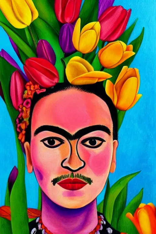 Image similar to a colorful painting of a tulip in the stale of frida kahlo with the colors of mexico