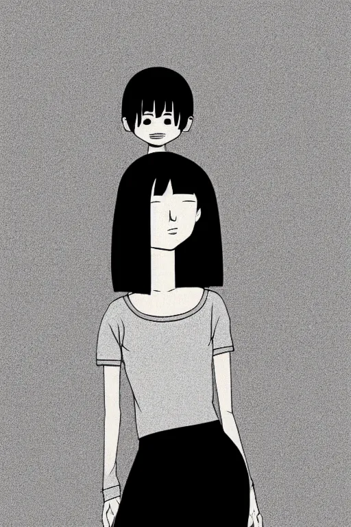 Prompt: portrait of a girl in long pants and a top, hands in pockets, eyes closed, bob haircut, digital art, black and white, minimalistic illustration by junji ito and kaoru mori