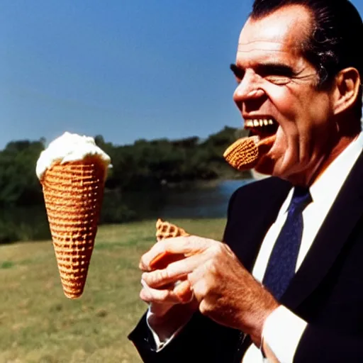 Prompt: richard nixon finding delight in an ice cream cone devouring it with a disturbingly large mouth, picture, award winning