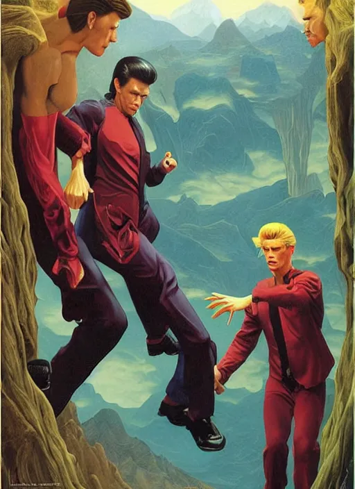 Image similar to twin peaks poster art, david bowie fighting his doppelganger gemini good and evil, old retro pulp, by michael whelan, rossetti bouguereau, artgerm, nostalgic, old fashioned