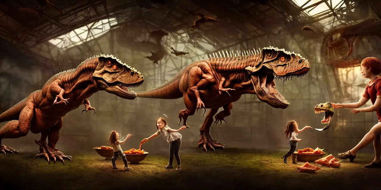 Image similar to small girl is feeding tyranosaur rex with meat from her hand, in futuristic zoo, in steam punk style, very high details, raytracing, back light, raymarching, by ilm, by digital domain, by weta digital