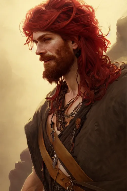 Prompt: portrait of a young ruggedly handsome but joyful pirate, male, masculine, full body, red hair, long hair, fantasy, intricate, elegant, highly detailed, digital painting, artstation, concept art, matte, sharp focus, illustration, art by artgerm and greg rutkowski and alphonse mucha