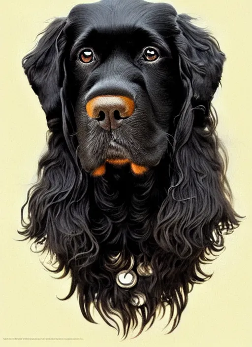 Prompt: symmetry!! portrait of a cocker spaniel, black fur with white chest, cute, dnd, intricate, elegant, highly detailed, digital painting, artstation, concept art, smooth, sharp focus, illustration, art by artgerm and greg rutkowski and alphonse mucha
