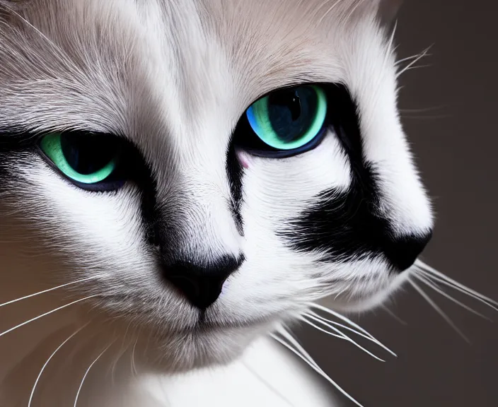 Image similar to 4 k hd, high detail photograph of a white and black cat, shot with sigma f / 4. 2, 2 5 0 mm sharp lens, wide shot, consistent, isometric view, volumetric lighting, high level texture render