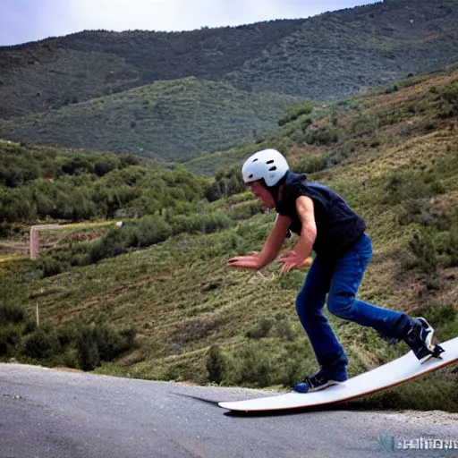 Prompt: francisco franco doing skatboard in el valle de los caidos ( spain )