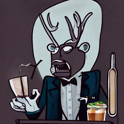 Image similar to Wendigo in a tuxedo suit as a barista in a bar, digital art, illustration, oil on canvas, trending on Artstation