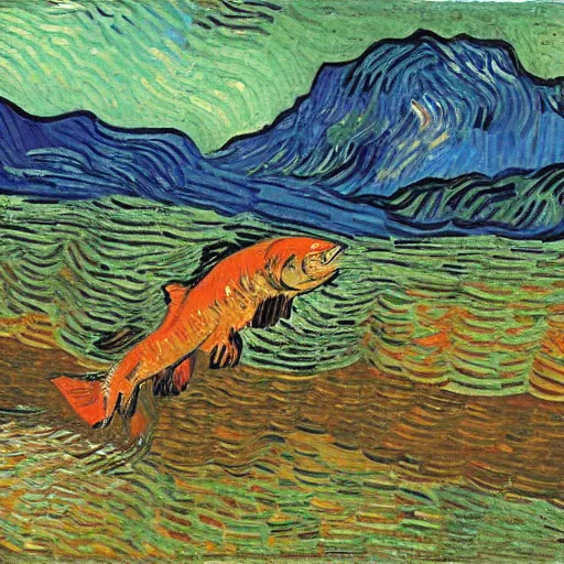 Image similar to salmon jumping out of the river on a sunny day. by van gogh.