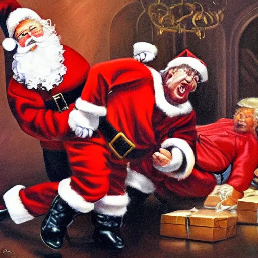 Image similar to detaile oil painting of santa claus beating up donald trump