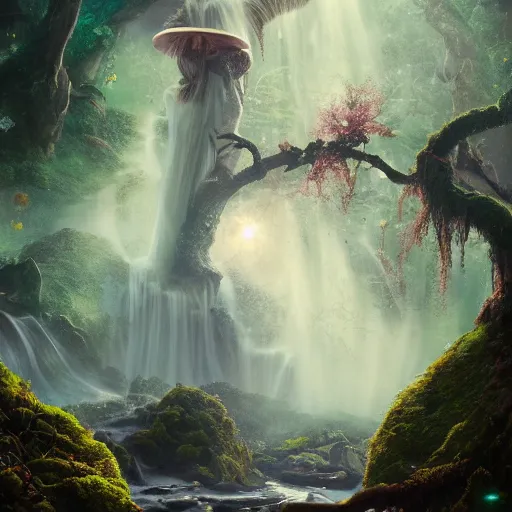 Image similar to tom bagshaw, mythical cosmic shrine, soft painting render curiosities carnival pond river vegetation rocks bugs wildlife mushrooms covered moss bioluminescent wisps, beautiful amazon full armor stunning waterfall, accurate features, focus, very intricate ultrafine details, random volumetric lighting, fog, award winning masterpiece, octane render 8 k hd, artstation