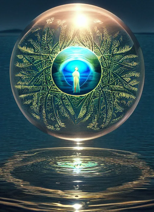 Image similar to transparent horizontally centered crystal ball floating over a serene lake, tree of life inside the ball, intricate details, radiant light, reflections on the water, ripples, moody sky, hyperdetailed illustration by yuumei, by mark brooks, john harris, artstation, low global light, coherent composition