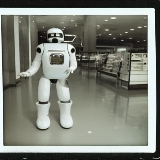 Image similar to ASIMO robot in a shopping mall, 1977, Polaroid