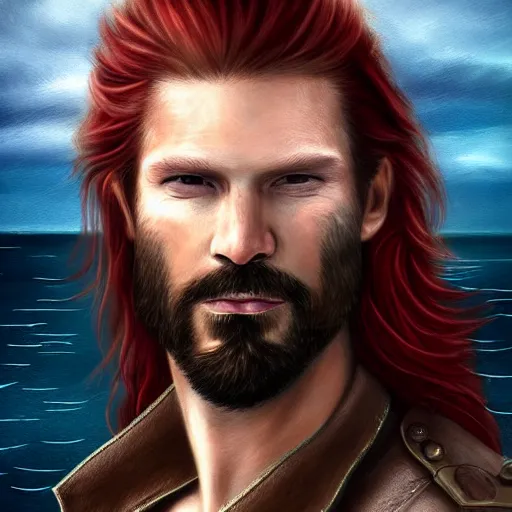 Image similar to portrait of a rugged!!!! male captain with long red hair!!!!!!, upper body, flowing hair, ethereal, handsome, smirk, leather coat, pirate!!!!!!!, ocean, D&D, fantasy, simple clothing!!!!, elegant, highly detailed, digital painting, cinematic lighting, stunning lighting, sensual, deviantart, artstation, concept art, sharp focus, illustration, art by Artgerm and Greg Rutkowski and Alphonse Mucha