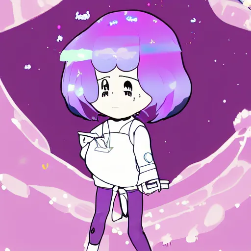 Prompt: a girl with dark purple sking with whitish pink spots, white hair, and a white and purple uniform, anime, in the style of bee and puppycat and steven universe, digital art, fantasy and kawaii aesthetic art