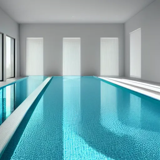 Image similar to a new swimming pool in a large white room with a door that leads to a gray room with on light on in it. dream like.