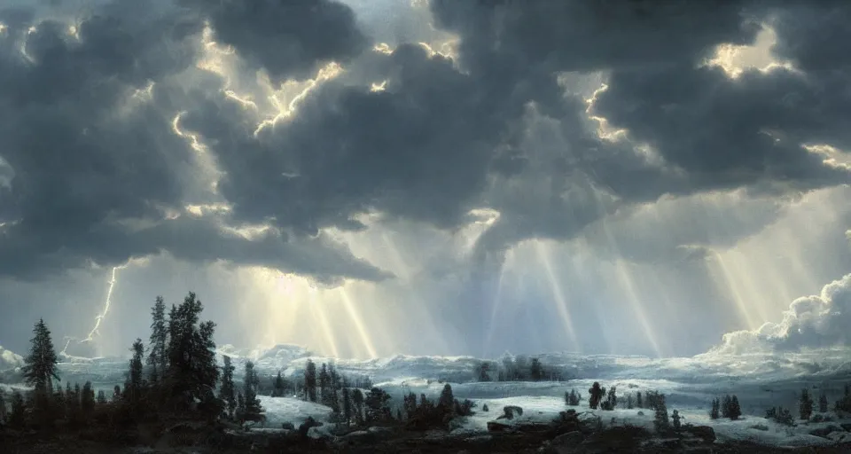 Image similar to heaven!! clouds!! god rays, snowy, windy, by eugene von guerard, ivan shishkin, night, lightning!!, storm!, dramatic lighting, concept art, trending on artstation, 8 k