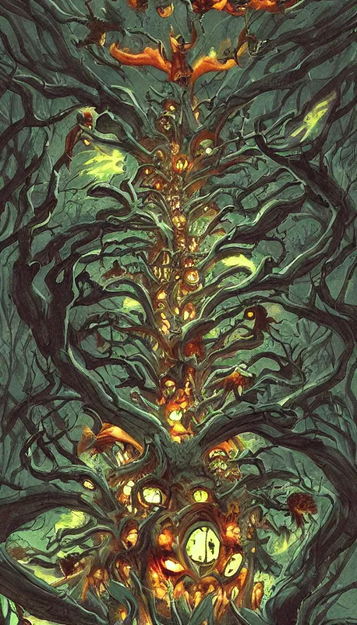 Image similar to a storm vortex made of many demonic eyes and teeth over a forest, by gainax co,