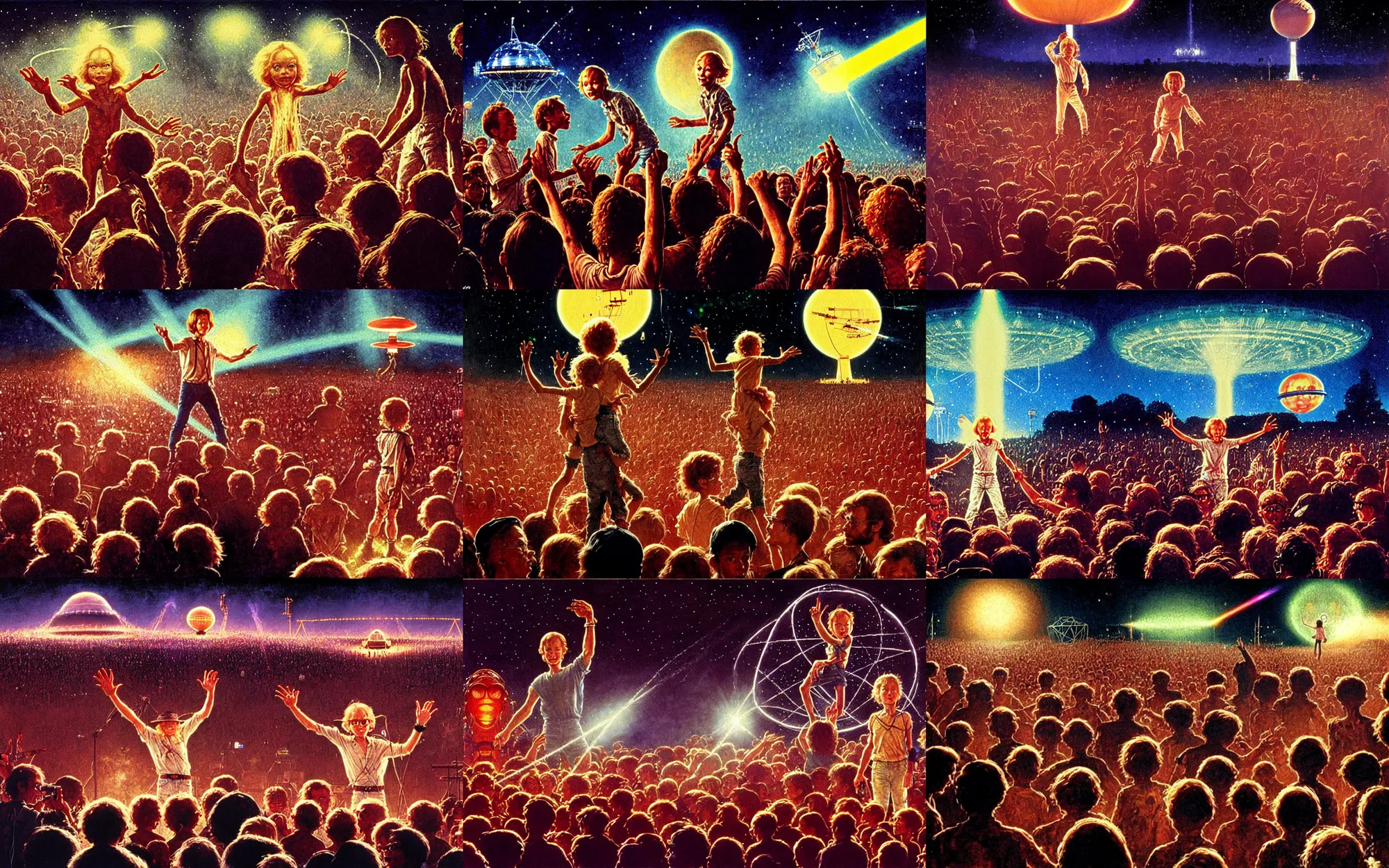 Prompt: steven spielbergs e. t. the extra - terrestrial and the mothership from close encounters of the third kind are playing live music to a very large audience at a festival, painting by norman rockwell, low light, very large audience and crowdsurfing and laser show in the background, very symmetrical