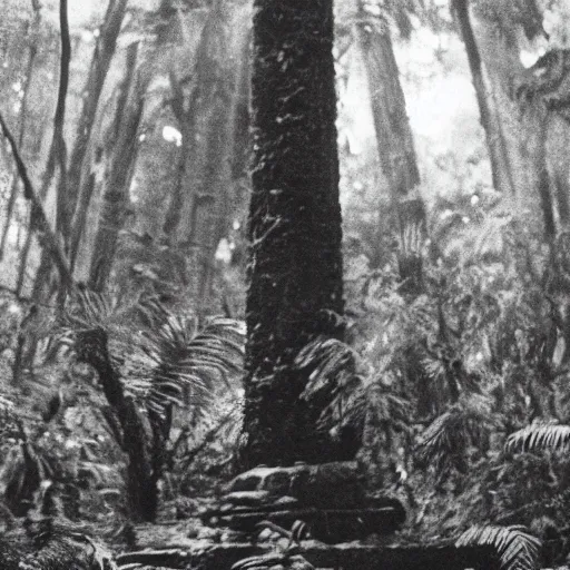 Image similar to lost film footage of a sacred totem, tropical forest, film still, cinematic, out of focus, enhanced, 1 9 2 0 s, black and white, grain