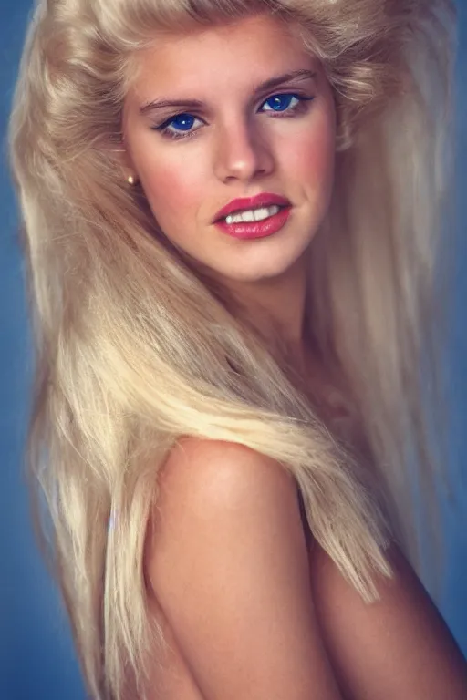 Image similar to a beautiful blonde girl in the 8 0's, portrait shot 8 5 mm