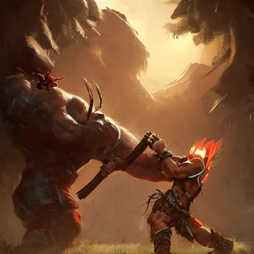 Image similar to barbarian fist fight big insect, 8 k, trending on by tooth wu and greg rutkowski