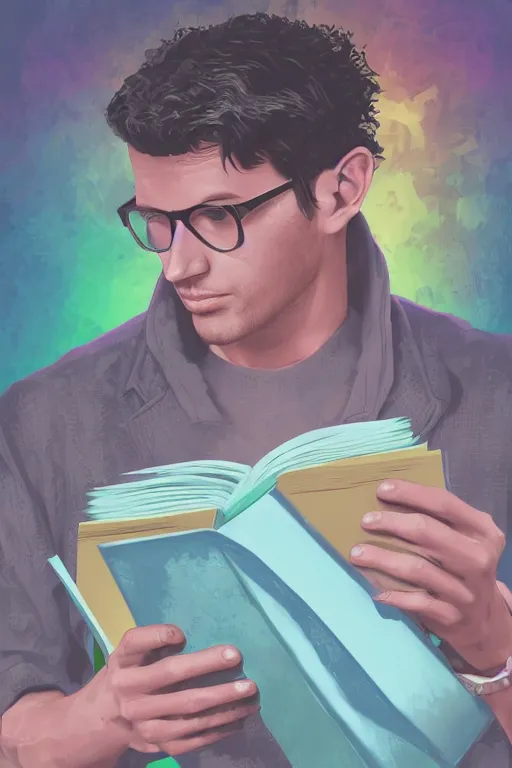 Image similar to digital painting of a magic nerdy guy reading a book in a cluttered messy bedroom, vaporwave, vaporwave colors, perfect face, detailed face, symmetrical face, fantasy, scifi, sci fi,