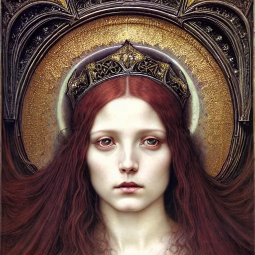 Prompt: detailed realistic beautiful young medieval queen face portrait by jean delville, tom bagshaw, brooke shaden, gustave dore and marco mazzoni, art nouveau, symbolist, visionary, gothic, pre - raphaelite, ornate gilded medieval icon, surreality, ethereal, unearthly, haunting, celestial, neo - gothic, ghostly, memento mori, nightmare