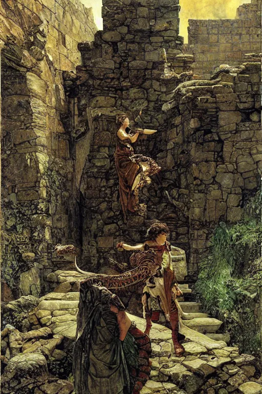 Image similar to basilisk at stone ruins by lawrence alma tadema and rick berry and norman rockwell and jason fabok and greg staples and nc wyeth