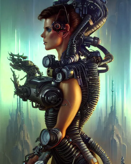 Prompt: kake beckinsale as a cyborg fantasy character portrait, ultra realistic, wide angle, intricate details, blade runner artifacts, highly detailed by peter mohrbacher, boris vallejo, hajime sorayama aaron horkey, gaston bussiere, craig mullins