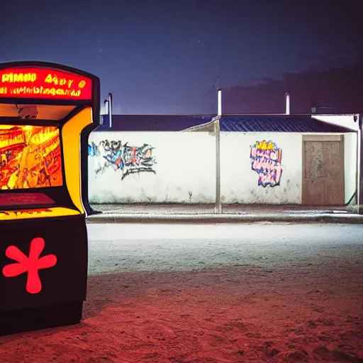 Image similar to a lonely arcade machine at night. beach buildings with graffiti in the background. photograph in the style of simon stalenhag