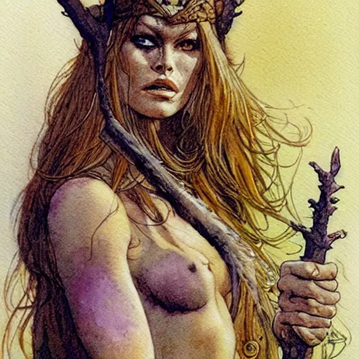 Prompt: a realistic and atmospheric watercolour fantasy character concept art portrait of brigitte bardot in her 2 0 s as a druidic warrior wizard looking at the camera with an intelligent gaze by rebecca guay, michael kaluta, charles vess and jean moebius giraud