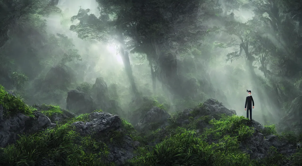 Prompt: photorealistic matte painting of mr burns of the simpsons standing far in misty overgrowth undergrowth jagged rock features volumetric fog light rays high contrast dawn