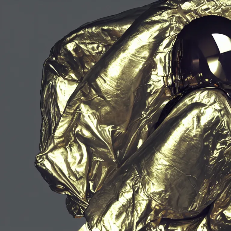 Image similar to octane render portrait by wayne barlow and carlo crivelli and glenn fabry, subject is a woman covered in folded aluminum foil space suit with a colorful metallic space helmet, floating inside a futuristic black and gold space station, cinema 4 d, ray traced lighting, very short depth of field, bokeh