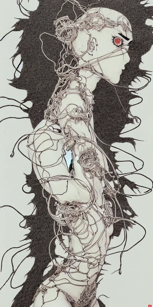 Image similar to prompt: Fragile looking figure, portrait face drawn by Takato Yamamoto and Katsuhiro Otomo, full body character drawing, inspired by Evangeleon and Akira 1988, cyborg and wire details parts, clean ink detailed line drawing, intricate detail, manga 1990, portrait centric composition