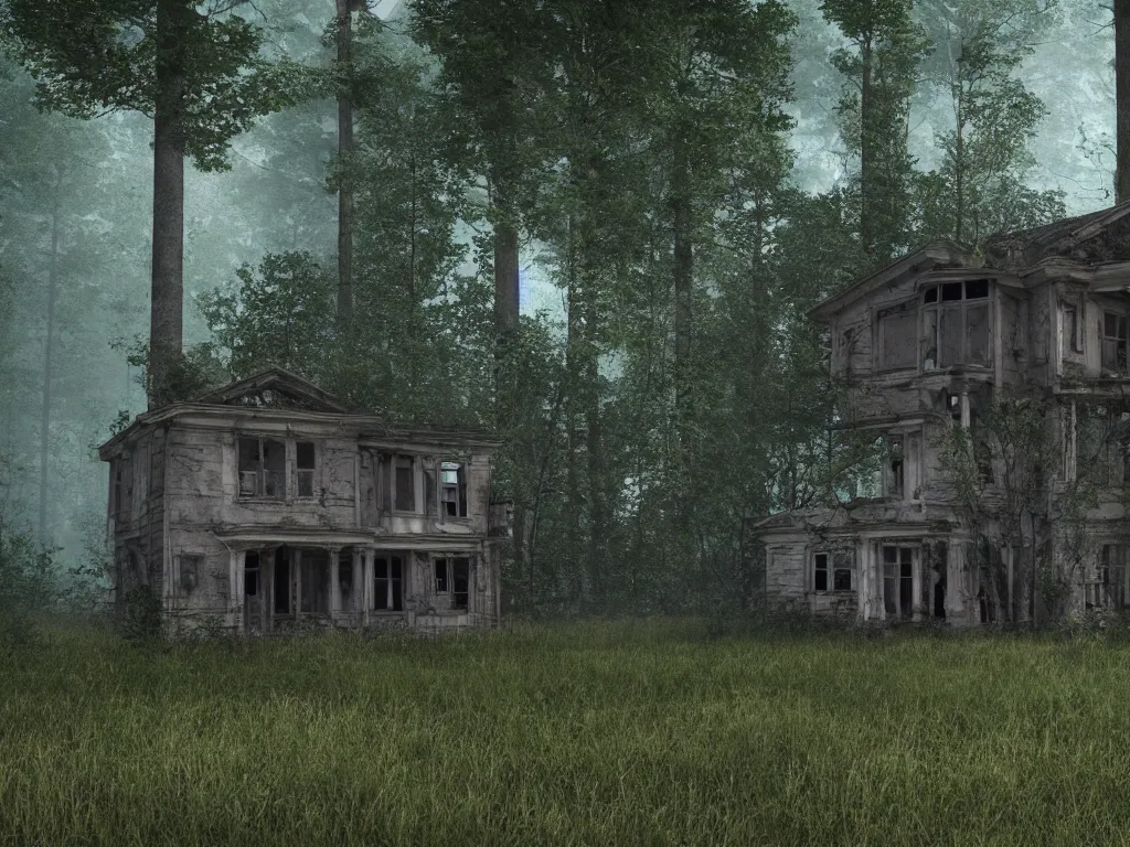 Prompt: architectural visualization of an abandoned house in a forest, 3d rendering, 4k, volumetric lighting, realistic