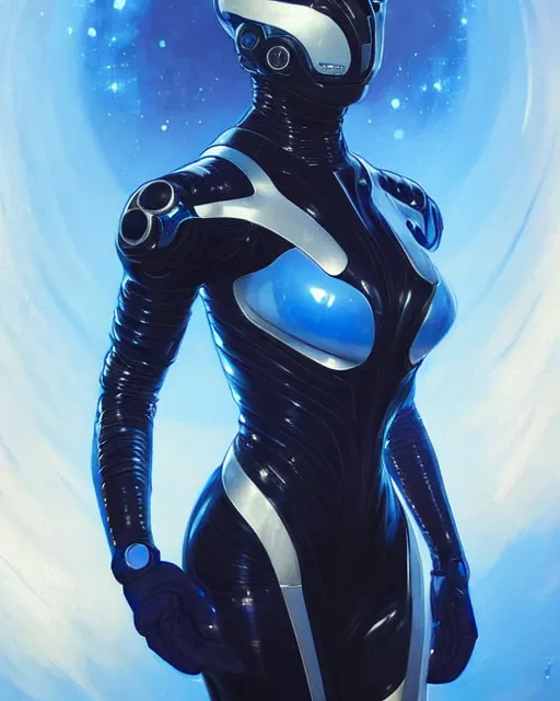 Image similar to Portrait of very very very very very very beautiful black woman, spacesuit, futuristic cybernetic helmet, blue eyes, real life skin, intricate, elegant, highly detailed, artstation, concept art, smooth, sharp focus, art by artgerm and greg rutkowski and alphonse mucha