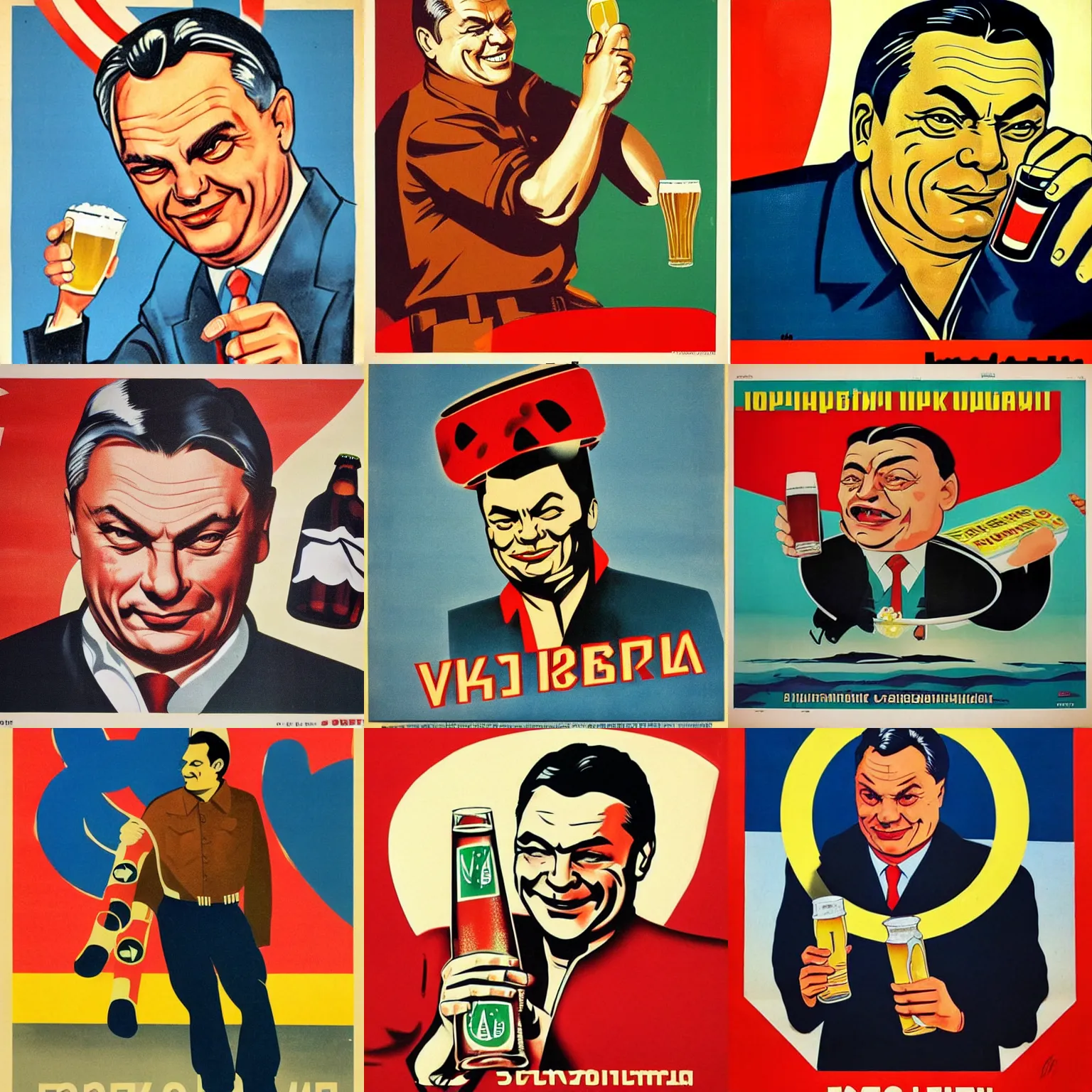 Prompt: soviet propaganda poster of viktor orban winking with beer