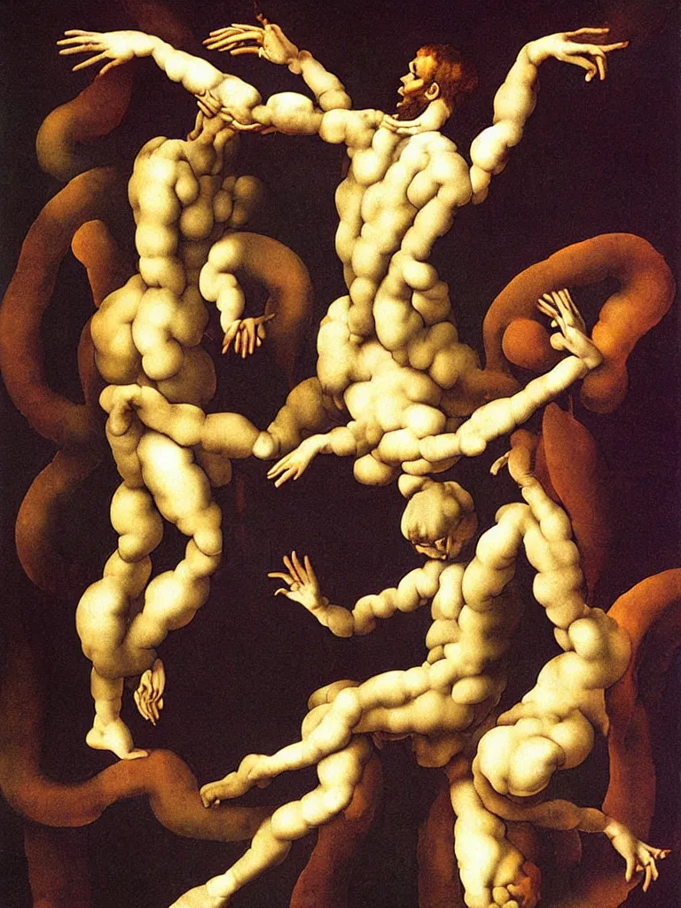 Image similar to optical illusion painting of a couple dancing in a worm hole, illusionism, mind blow, by michelangelo and salvador dali, detailed