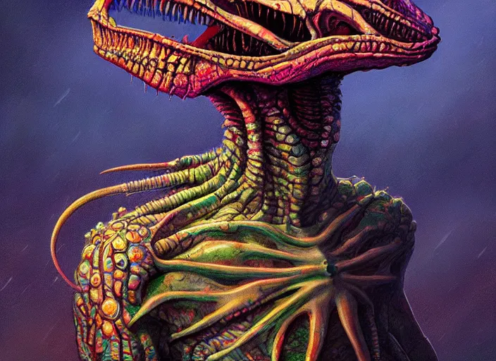 Prompt: a psychedelic portrait of omin dran skeletal mind flayer reptile, vibrant color scheme, highly detailed, in the style of romanticism, cinematic, artstation, moebius, greg rutkowski