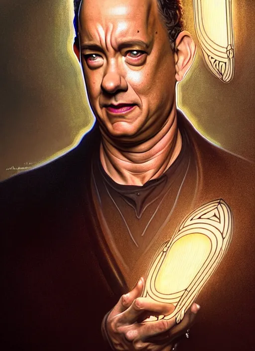 Prompt: portrait of tom hanks, volumetric lights, feast, music notes, art nouveau botanicals, gothic, intricate, highly detailed, digital painting, artstation, concept art, smooth, sharp focus, symmetric face, illustration, steampunk, art by artgerm and greg rutkowski and alphonse mucha