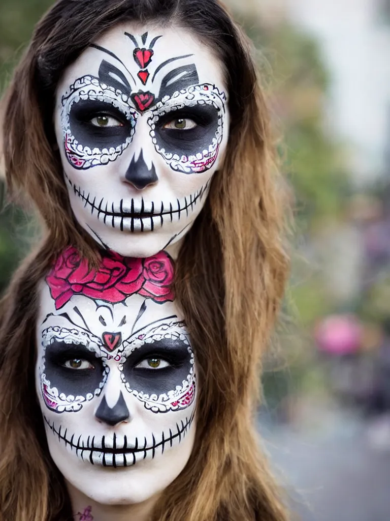 Prompt: a beautiful woman wearing day of the dead make - up, in the style of street art