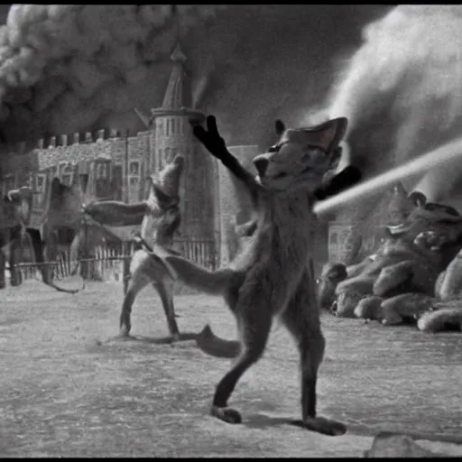 Image similar to anthropomorphic fox man fights in front of a castle that is on fire as many other anthropomorphic animals watch, 1910s film scene