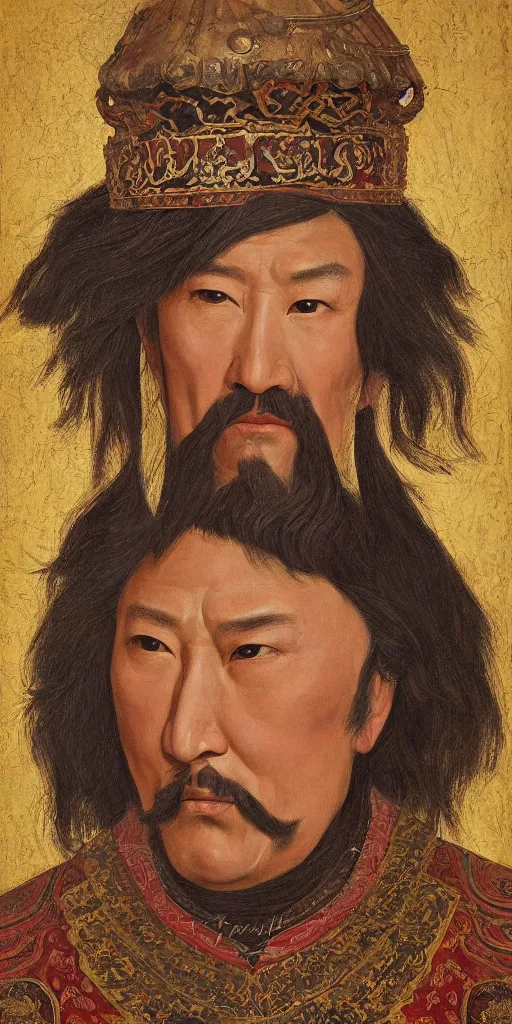 Image similar to a stunning and noble highly detailed romantic period style portrait of Genghis Khan\'s head by Josep Tapiró Baró, trending on artstation, oil painting masterpiece, symmetry, fractals, Mongolian iconography