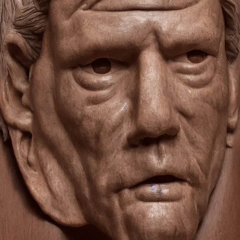 Image similar to enormous geometric minimalist accurate sculpture of norman reedus sticking out his tongue, beautiful symmetrical!! face accurate face detailed face realistic proportions, hand - carved out of mahogany wood on a pedestal by stephan balkenhol and ron mueck and martin puryear, cinematic lighting shocking detail 8 k