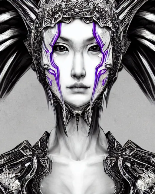 Prompt: Detailed portrait of the strangest angel, black and white armor!!, unique design, by Yun Taek Oh, fine details, pretty face, beautiful violet eyes, inside a palace, perfect, colorful background!!!, 8k high detail, intricate, sharp focus, masterpiece, trending on artstation